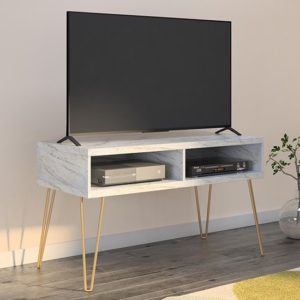 Athens Wooden TV Stand In White Marble Effect