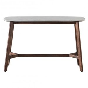 Barcela Wooden Console Table With White Marble Top In Walnut