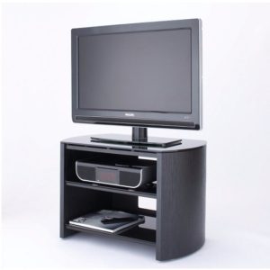 Flare Small Black Glass TV Stand With Black Oak Wooden Base