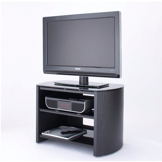 Flore Small Wooden TV Stand In Black Oak With Black Glass ...