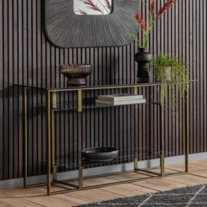 Cody Black Glass Console Table With Bronze Metal Frame