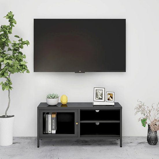 Voss Clear Glass TV Stand With 2 Doors In Anthracite Frame ...