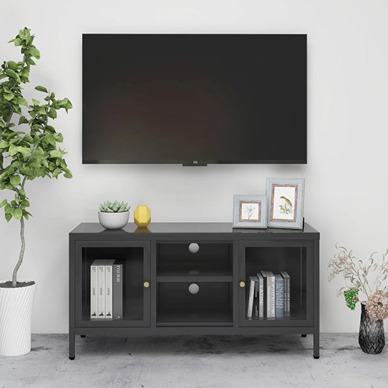 Voss Clear Glass TV Stand With 2 Doors In Anthracite Frame ...
