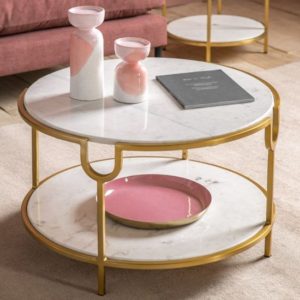 Tombstone White Marble Coffee Table With Gold Metal Frame