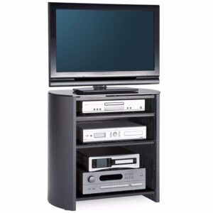 Flare Tall Black Glass TV Stand With Black Oak Wooden Base