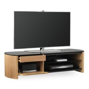 Flare Large Black Glass TV Stand With Light Oak Wooden Frame
