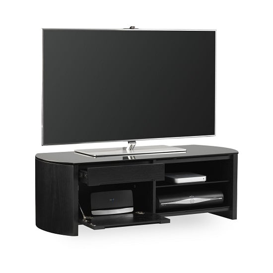 Flare Small Black Glass TV Stand With Black Oak Wooden Frame