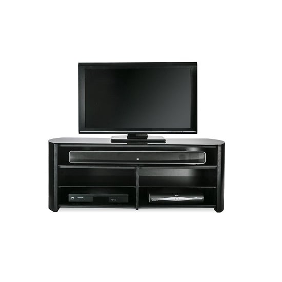 Flare Black Glass TV Stand With Black Oak Wooden Base