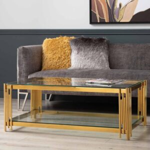 Calvi Clear Glass Coffee Table In Gold Stainless Steel Tubes