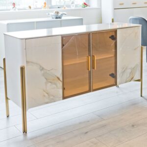 Carmel Wide Marble Top Storage Cabinet 4 Doors In White And Gold