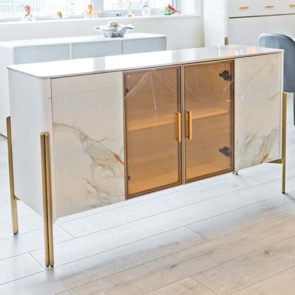 Carmel Wide Marble Top Storage Cabinet 4 Doors In White And Gold