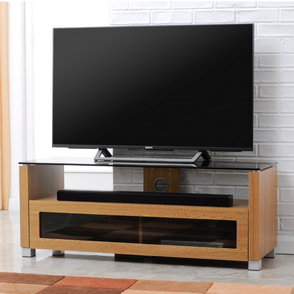 Elmira Large Wooden TV Stand With Glass Top In Light Oak