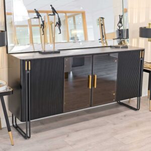 Groton Wide Marble Top Storage Cabinet In Black And Gold