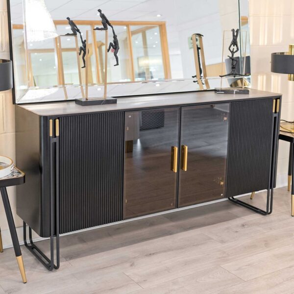 Groton Wide Marble Top Storage Cabinet In Black And Gold