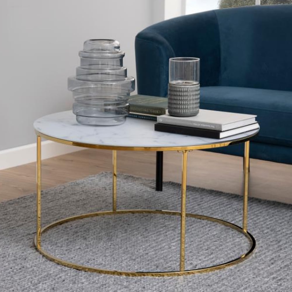 Bemid Frosted Glass Coffee Table In White Marble Effect
