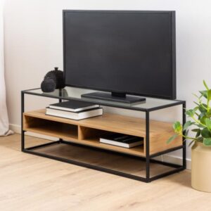 Rattvik Clear Glass TV Stand With 2 Shelves In Matt Wild Oak