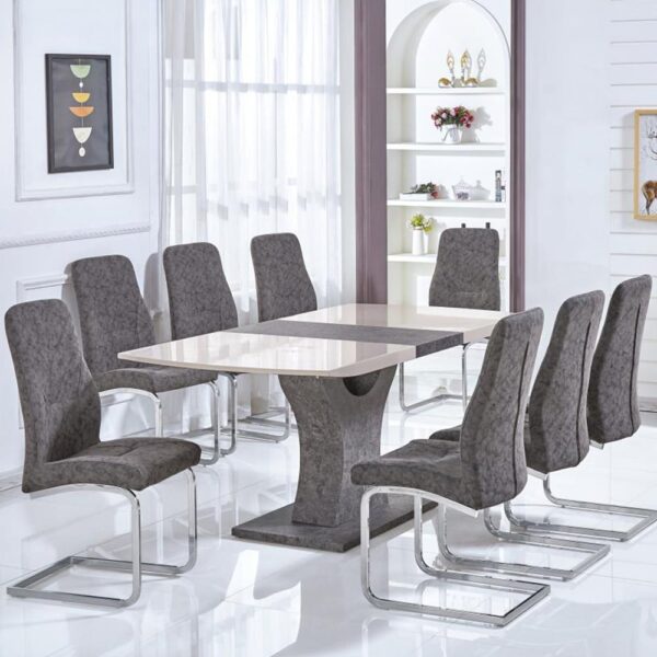 Beltran Gloss Extending Dining Table 8 Grey Chairs In Cream Stone