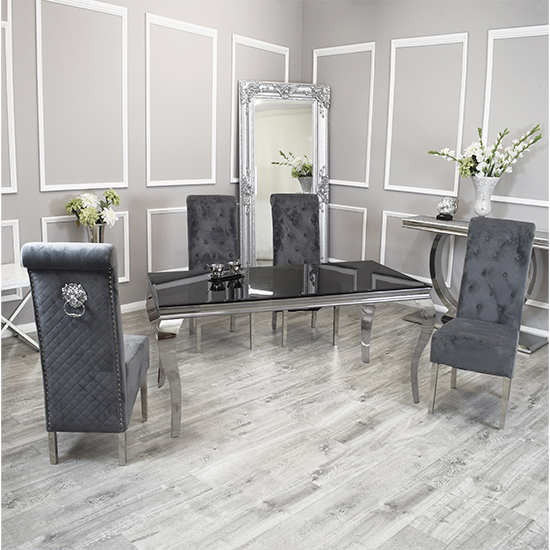 Laval Black Glass Dining Table With 8 Elmira Dark Grey Chairs
