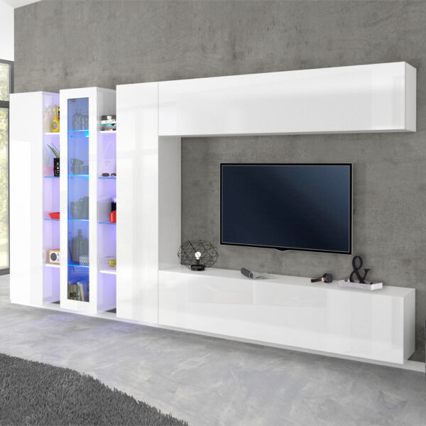 Mcrae LED White Glossy Entertainment Unit With 1 Glass And 4 Doors In White