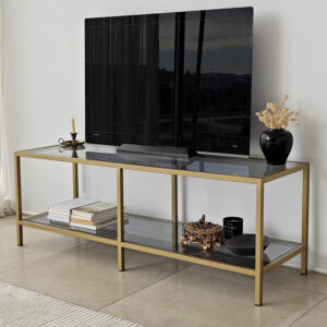 Basako Dark Grey Tempered Glass TV Stand With Gold Metal Frame