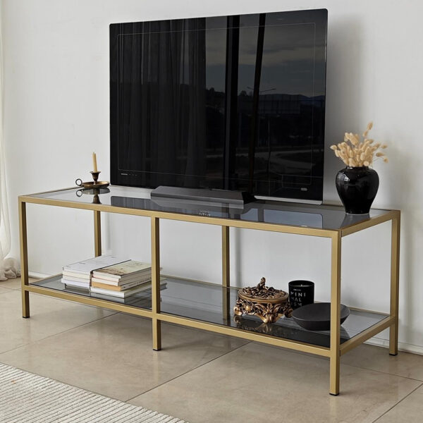 Basako Dark Grey Tempered Glass TV Stand With Gold Metal Frame