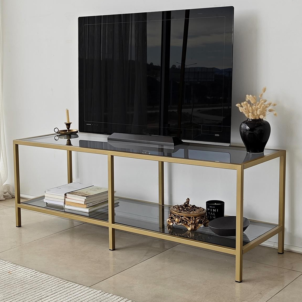 Basako Dark Grey Tempered Glass TV Stand With Gold Metal Frame