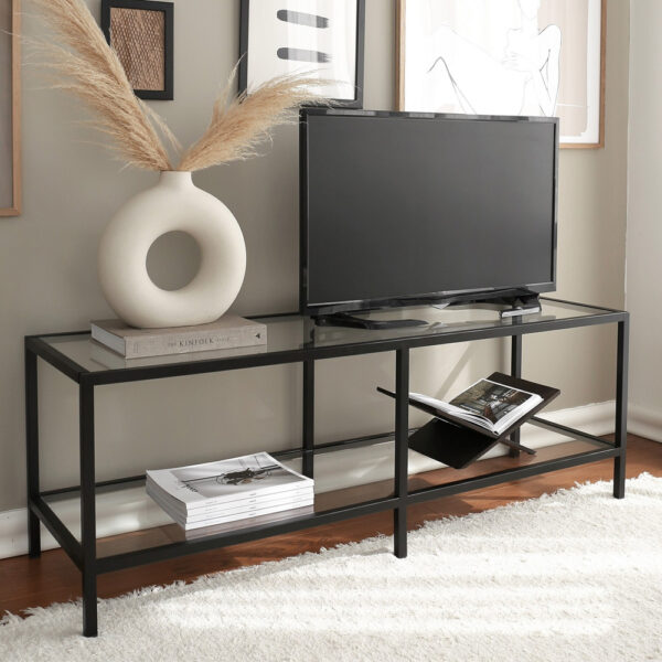 Basako Tempered Glass TV Stand With Matte Black Metal Frame