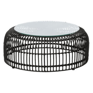 Ponoka Glass Top Outdoor Coffee Table With Rattan Base In Black