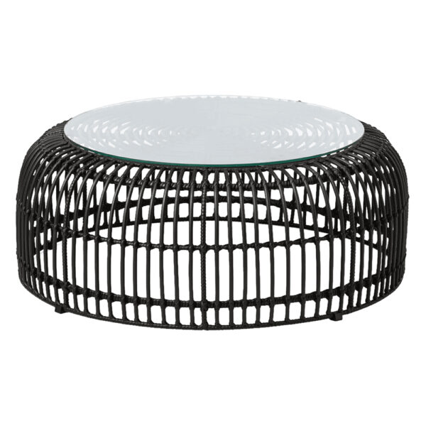 Ponoka Glass Top Outdoor Coffee Table With Rattan Base In Black