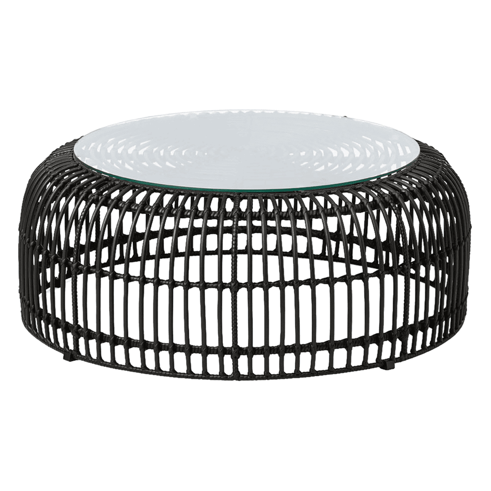 Ponoka Glass Top Outdoor Coffee Table With Rattan Base In Black